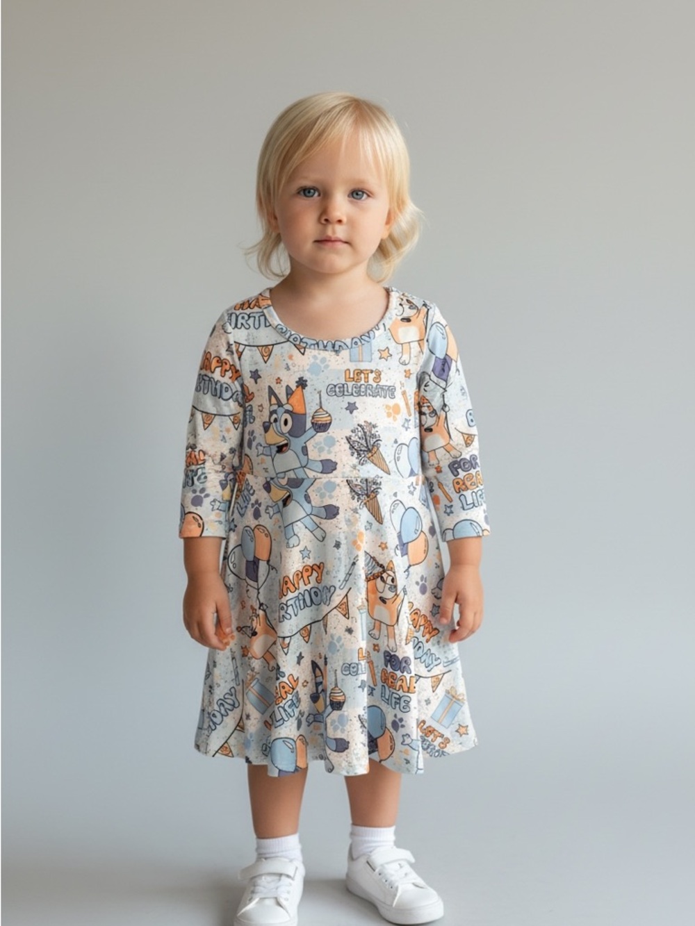 Bluey- Toddler Party-Print Dress in Light Blue and Orange